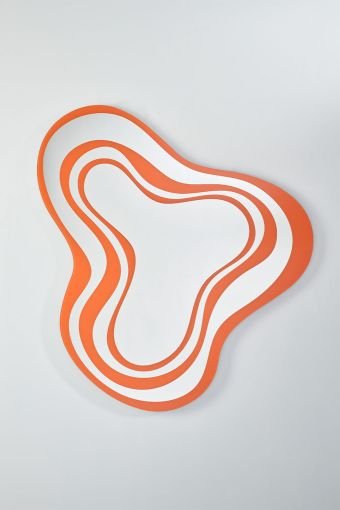Nimbus Orange irregular wall mirror, showing orange and clear mirrored glass, measuring 123 x 104 cm.