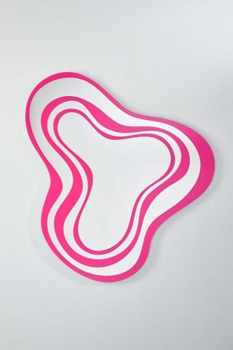 Nimbus Pink irregular wall mirror, showing irregular sculptural mirror, measuring 123 x 104 cm.