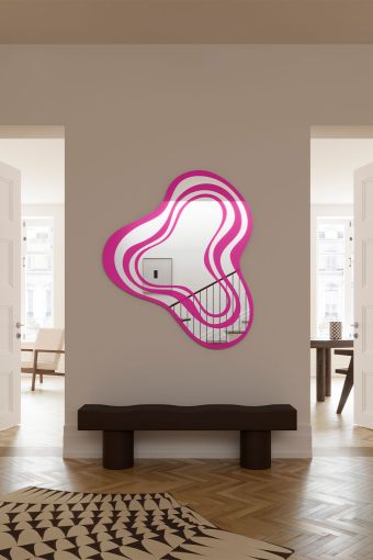 Nimbus Pink irregular wall mirror styled in an interior, highlighting irregular sculptural mirror.