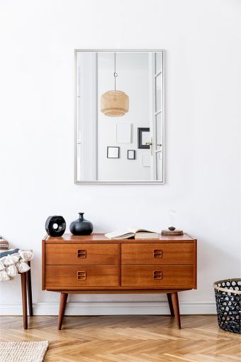 Soho Silver Small Rect. rectangular wall mirror styled in an interior, highlighting silver-framed mirror.
