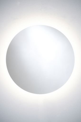 Brio Clear S IP44 round wall mirror, showing round backlit wall mirror, measuring 82 x 82 cm.