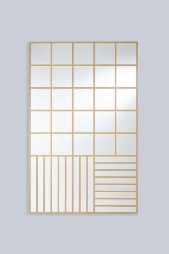 Grid Gold rectangular wall mirror, showing golden printed grid pattern, measuring 100 x 158 cm.
