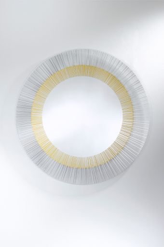 Yoko Bronze round wall mirror, showing concentric sun-ray design, measuring 105 cm x 105 cm x 2.50 cm cm.