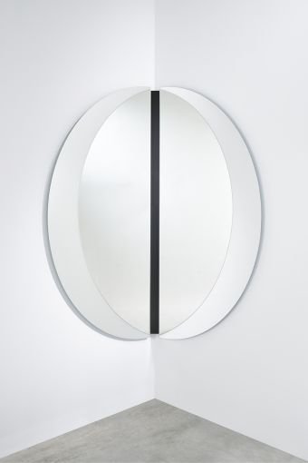 Luna Black Corner L round wall mirror, showing circular corner mirror, measuring 200 x 200 cm.