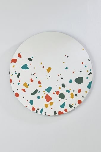 Terrazzo Round round wall mirror, showing round terrazzo-pattern mirror, measuring 100 x 100 cm.