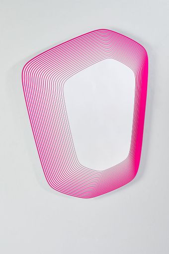 Vibe Pink irregular wall mirror, showing irregular-contour wall mirror, measuring 60 x 80 cm.