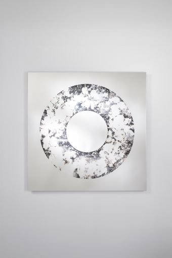 Torus square wall mirror, showing square design mirror with hand-poured marbled torus detail.