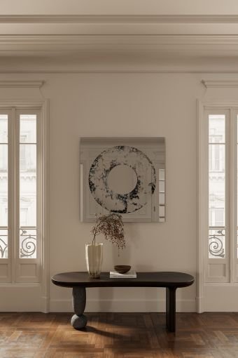 Torus square wall mirror styled in an interior, highlighting square design mirror with hand-poured marbled torus detail.