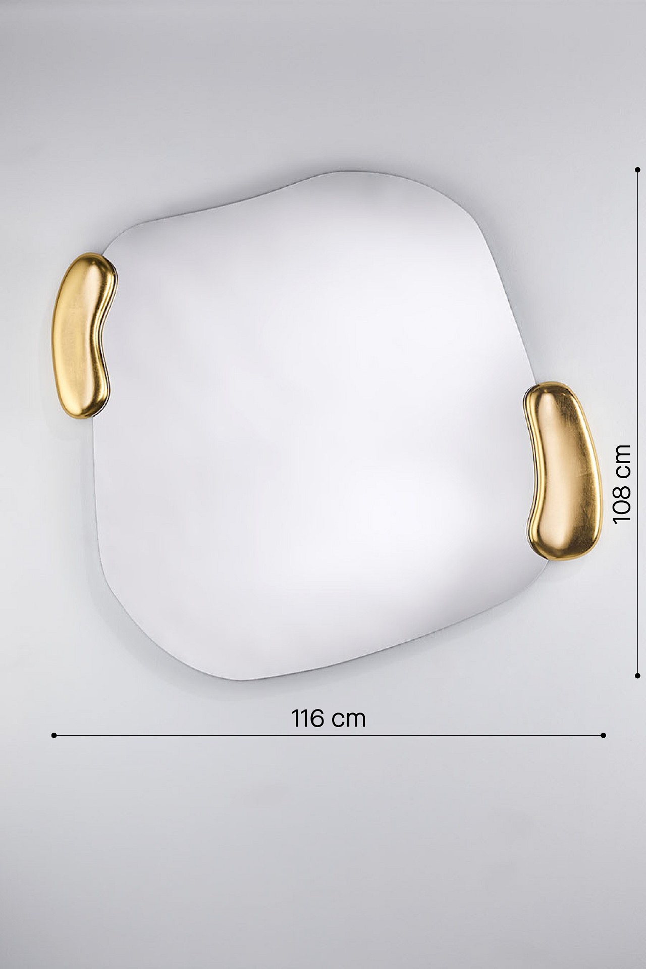 Dimension diagram for Calco Gold Square wall mirror, showing overall measurements of 108cm x 116cm.